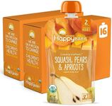 Happy Baby Organics Stage 2 Baby Food Pouches, Gluten Free, Vegan & Healthy Snack, Clearly Crafted Fruit Puree, Squash, Pears & Apricots, 4 Ounces (Pack of 16)