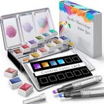 RATEL Metallic Watercolour Paint Set, Premium Glitter Watercolour Solid Paint Box Including 12 Metallic Colors Solid Pigment+2 Painting Brush+1 Color Card, Soluble and Mix Well