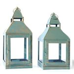 Behoma Vintage Style Candle Lantern Metal and Glass for Home Decor, Lantern for Table-top & Wall-Hanging | Indoor and Outdoor | Rustic Dusk Green Small & Large (Candle/Lights NOT Included) (Set of 2)