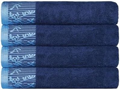 Superior Cotton Bath Towels (Set of 4), Floral Jacquard Dobby Border, Body Towel for Bathroom, Guest Bath, Spa, Resort, Hotel, Airbnb, Home Essentials, Adult and Kids, Wisteria Collection, Navy Blue