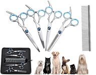 PawLites 5 Scissors Pet Grooming Kit With Carry Case And Comb, 1 Straight Edge Hair Scissor, 1 Texturizing Thinning, 1 Upwards Curved, 1 Down Curved And 1 Comb All Stainless Steel, For Dogs And Cats