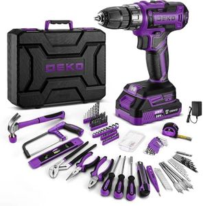 Drill Tool Kit Set: 20V Cordless Power Drill Tool Box with Battery Electric Drill Driver for Men Home Hand Repair Basic Toolbox Tools Sets Drills Case, Purple