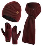 CheChury Men Scarf Glove Beanie Hat Set,Long Scarf and Touchscreen Gloves Set with Twist Thick Cable Knit Hat for Unisex Cold Weather Set 3 in 1,Wine