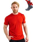 Merino.tech Merino Wool T-Shirt Mens - 100% Organic Merino Wool Undershirt Lightweight Base Layer + Hiking Wool Socks (Small, Red)