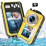 4K Waterproof Camera 11FT Underwater Camera with 32GB Card 48MP Autofocus Selfie Dual-Screen Cameras for Snorkeling, Compact Digital Camera 1250mAh Battery（Yellow）