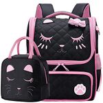 Cute Cat Face Backpacks with Lunch Bag for Teen Girls, Kids Backpack for Toddler Preschool Bookbags Elementary School Bags - Black