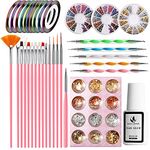 MAGIC ARMOR 46pcs Nail Art Tool Nail Pen Designer with 15pcs Nail Painting Brushes, Nail Dotting Tool, Nail Foil, Manicure Tape, Nail Diamonds Color Rhinestones for Professional Nail Art Design Kit