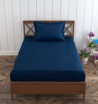 Trance Home Linen 100% Cotton 72x30 inch Single Fitted 200TC Satin Stripe Elastic Fitted Bedsheet | Single Bed Size Daily use Fitted Bedspread with 1 Pillow Covers (72"x30" | 6x2.5 feet,Dark Blue)