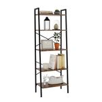 Oak & Tea Bookcase Bookshelf Ladder Shelf 5-Tier Steel Frame Industrial Style Storage Rack Organiser Standing Shelf for Office Study Living Room Bedroom 56x32x172cm