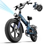 URLIFE Folding Electric Bike, 20 * 4.0 Inch Fat Tire E-Bike for Adult 48V 13AH Removable Battery, 80-100KM Long Range, Full Suspension for All Terrains, Electric Mountain Bike with LED (BLUE)