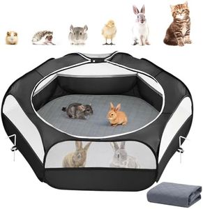 2-in-1 Small Animals Playpen with Pad, Waterproof Small Pet Cage Tent with Reusable Pad, Portable Outdoor Yard Fence with 3 Metal Rod for Chick/Kitten/Puppy/Guinea Pig/Rabbits/Chinchillas, Black