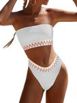 YIMISAN Women's Two Piece Bandeau Swimsuit Ribbed Strapless Tube Bikini Top with Mid Waist Cheeky Bottom Bathing Suit, White1, Large