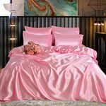 ROOEE Satin Silk Complete Bedding Set - 6 PCS - Fitted sheet, Duvet Cover, 4 Pillow Cases. Color - Baby Pink Size - Double