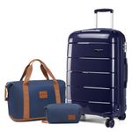 Kono Luggage 3 Piece Sets Carry On Suitcase 55x40x20 Cabin Hand Luggage with Travel Bag and Toiletry Bag Lightweight Polypropylene Travel Trolley Case with Secure TSA Lock (Navy, Luggage Set of 3PCS)