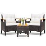 KOTEK 3 Piece Patio Furniture Set, Outdoor Conversation Set with Removable Cushions, Acacia Wood Tabletop and Armrests, PE Rattan Wicker Bistro Set for Porch, Balcony, Backyard (White)