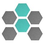 Navaris Hexagon Felt Board Tiles - Set of 6 Notice Memo Bulletin Boards with Push Pins Pack 5.9 x 7 inches (15 x 17.7 cm) - Grey, Turquoise