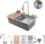 Fossa 30"x18"x10" Single Bowl Waterfall Kitchen Sink Honeycomb Embossed Sink with Nano Coating, Stainless Steel, Rectangular Workstation,Faucet with all Accessories. (Silver)