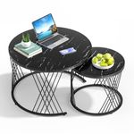 Giluta Black Round Nesting Coffee Table Set of 2, White Modern End Tables Living Room Faux Marble End Sofa Side Table Beside Table