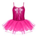 Zaclotre Little Girls Sequin Leotard Sparkly Strap Ballet Leotards Tutu Dress Ballerina Outfit Dance Costume for Kids Hot Pink