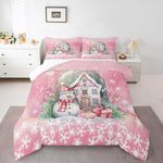 Manfei Christmas Comforter Set Twin Size, Pink Castle and Snowman Print Bedding Set 2pcs for Kids Girls Teens Bedroom Decor, New Year Snowflake Print Quilt Set with 1 Pillowcase