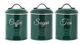 Innoteck Essentials Tea, Coffee, Sugar, Canister Set - Decorative Kitchen Food Storage - Easy to Open Airtight Lids - Storage Tin for Your Favorite Tea, Sugar, and Coffee - Set of 3 Canisters Green