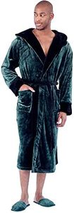 Lotus Linen Mens Plush Robe, Soft Hooded Long Robes for Men, Luxury mens bathrobes (US, Alpha, 3X-Large, Regular, Regular, Green-Black)
