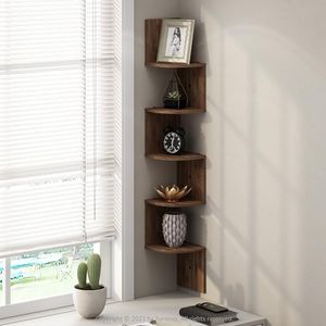 Furinno Rossi 5-Tier Floating Corner Shelf for Wall, Corner Zigzag Shelf Wall Mounted, Radial Wall Mount Shelves, for Home Office, Living Room, Bedroom, Bathroom, Columbia Walnut