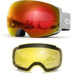 Odoland Ski Goggles, OTG and UV Protection Snowboard Goggles with Magnetic Interchangeable Lens for Men & Women, Gray Frame Red Lens