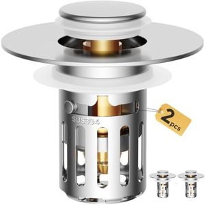 2 Pack Bathroom Sink Stopper, Pop-Up Drain Stopper with Hair Catcher, All Metal Brass Core & Stainless Steel, Anti-Clog Bathroom Sink Drain Strainer, Universal Fit 1.1"–2.36"