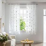 BOYOUTH Stars and Moon Pattern Sheer Voile Curtains for Window Decorations,Rod Pocket Curtains and Drapes for Bedroom,Study,Living Room,Silver,2 Panels,39 x 51 Inches