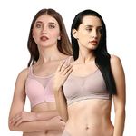 SOIE Women Full Coverage Polyamide Spandex Padded Non Wired Lace Detail Cami Bra Combo Pack of 2, Mist,Bark, 32B