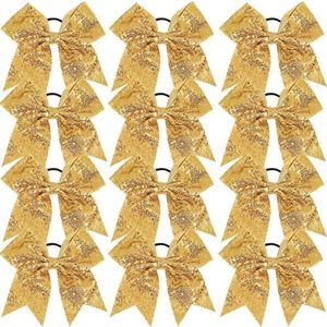 Jeffan 12 Count Cheerleading Hair Bows, 12 Pieces Gold Jumbo 8 Inch Hair Ties with Elastic Ponytail Holder Bow Hair Accessories for School Girls Toddlers