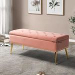 FESTIVAL BAZAR Upholstered Flip Top Storage Bench for Living Room| Storage Bench in Golden Steel Legs (Light Pink)