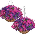 KHOYIME Artificial Hanging Flowers Plants Basket for Outdoors Indoor, 2 Set Faux Silk Purple Fuchsia Morning Glory Fake Eucalyptus Planters UV Resistant Spring Summer for Decor Home Garden Porch Patio