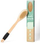 Bare Botanics 17" Dry Brushing Body Brush - Medium Firmness, Natural Color & Silicone Grip - Extra Long Bath Brush - Ergonomic Curved Handle Design w/Hang Rope - Back Scrubber for Shower