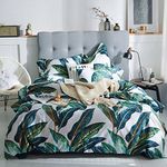 MKXI Home Duvet Cover Set Button Closure Vintage Print Quilt Cover Set White Queen Green Tropical Leaves Pattern Reversible Cotton Luxury Bedding Collection