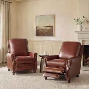 HULALA HOME Genuine Leather Manual Recliners Set of 2 with Wood Legs, Brown