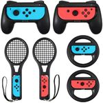 LiNKFOR 3 in 1 Joy-Con Accessories Bundle for Nintendo Switch | Tennis Racket for Mario Tennis Aces Game |Grips Handle for Nintendo Switch Joy-Con | Steering Wheel Accessories Set for Mario Kart