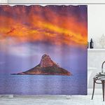 Ambesonne Hawaiian Decorations Collection, Hawaii Deserted Island in Ocean with Mountain Trees Cloudy Photography Print, Polyester Fabric Bathroom Shower Curtain Set with Hooks, Orange Purple