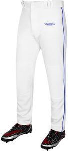 Exxact Sports Home Run Men's Baseball Pants with Piping - Full-Length, Semi-Relaxed Fit, Open-Bottom Adult Baseball Pants - (AS, White/Royal Piping)