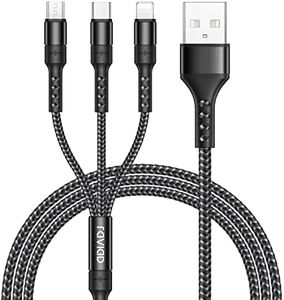 RAVIAD Multi Charging Cable [1.2M] Multi Charger Cable 3 in 1 Charging Cable Nylon Multi USB Cable Universal Charger Cable with Type-C, Micro and iPhone Port for iPhone, Samsung - Black