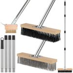 fshihine 3-in-1 Deck Brush Kit, Heavy Duty Stainless Steel Wire & Floor Scrub Brush with Long Handle, Crack Weeder Tool, Stiff Bristle Scrubber Broom for Tough Stains on Deck Concrete Garden Garage