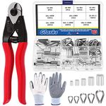 Glarks 117Pcs 8" Heavy Duty Wire Rope Cable Cutter and Aluminum Crimping Loop Sleeves & Stainless Steel Cable Thimble with Anti-Cutting Gloves Assortment Kit for Deck Stair Railing Fencing