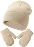 Malaxlx Beige Kids Beanie Hat Mittens Set Toddler Winter Warm Knit Hat Gloves Set for 2-6 Years Girls Boys