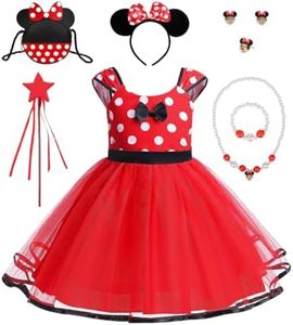 HOUSTAR Vestito Bambina, Costumi Fantasia Feste Principessa a Pois con Collana Fascia Borsa Orecchie Topo, Cosplay Bambini Festa Compleanno Vestito Operato per Spettacolo Carnevale Halloween