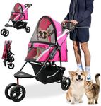 Petique Revolutionary Durable Pet Stroller, Easy Fold, Quality mesh Windows, Large Storage Basket, Secure Cup Holder Tray, Small/Medium Dogs, Cats and Pets, Supports up to 55LBS - Supernova (Pink)