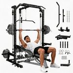 Smith Machine Home Gym with LAT Pulldown System, Multifunctional Power Rack with Pull-Up Bar, Landmine, Low Row Bar & More Training Attachments, Squat Rack Power Cage for Full Body Strength Training