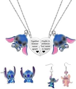 Lilo & Stitch Cartoon Jewellery Set of 4 with Necklaces and Earrings, Adjustable Friendship Necklace, for Girls, Birthday Gift, Stainless Steel