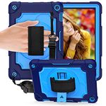 Case for Amazon Kindle Fire HD 8 (10th Generation, 2020)/Fire HD 8 Plus Tablet, Ropfsg 360° Rotating Stand Shockproof Heavy Duty Case Cover with Shoulder Strap, Hand Strap for Kids - Navy Blue+Blue