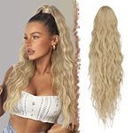 FESHFEN Long Ponytail Extensions, Drawstring Clip in Curly Wavy Hairpieces Synthetic Ponytails Hair Piece Pony Tail Extension for Women, Ash Blonde 26 inch